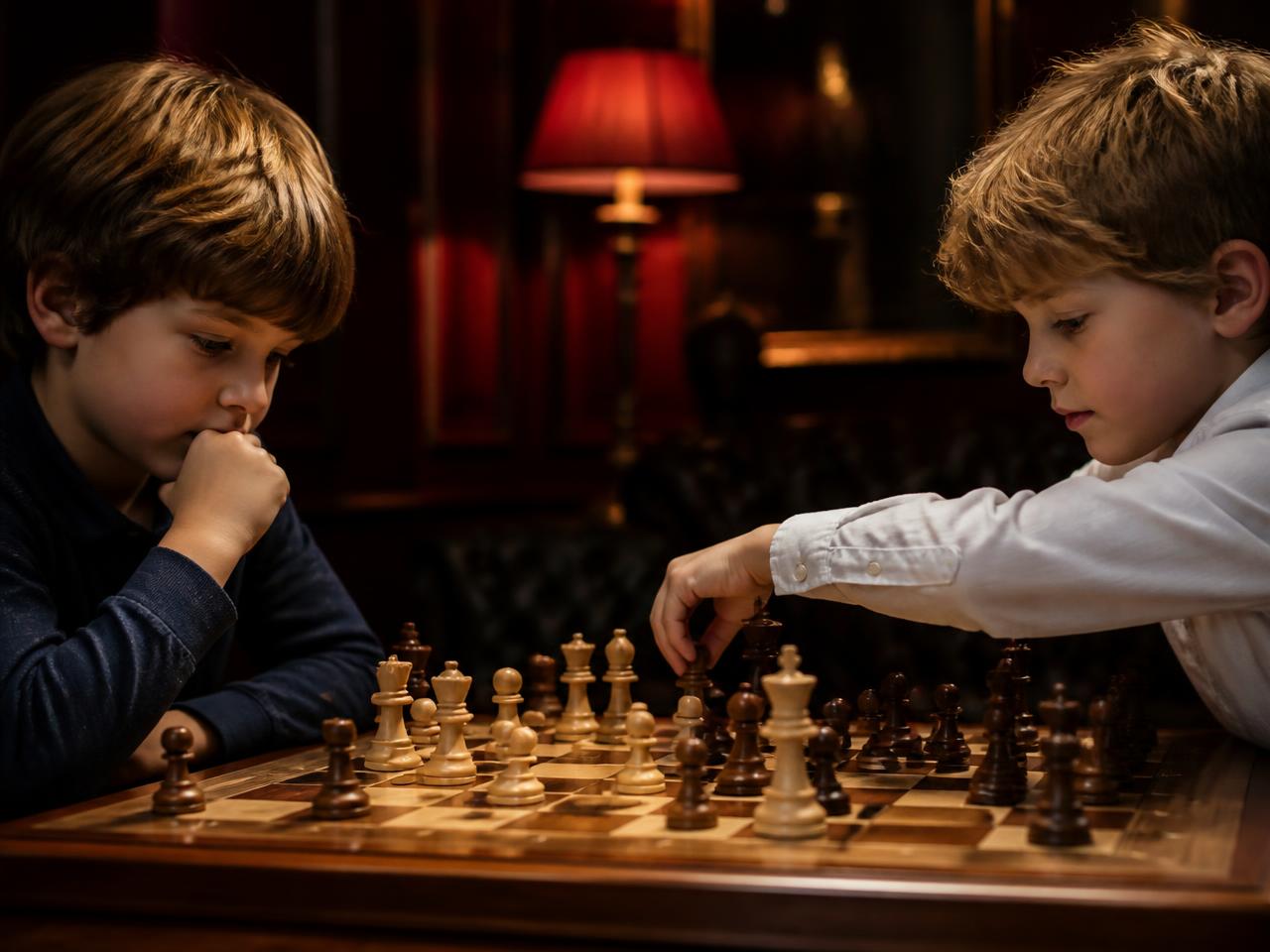Children playing chess during a mind and strategy games session