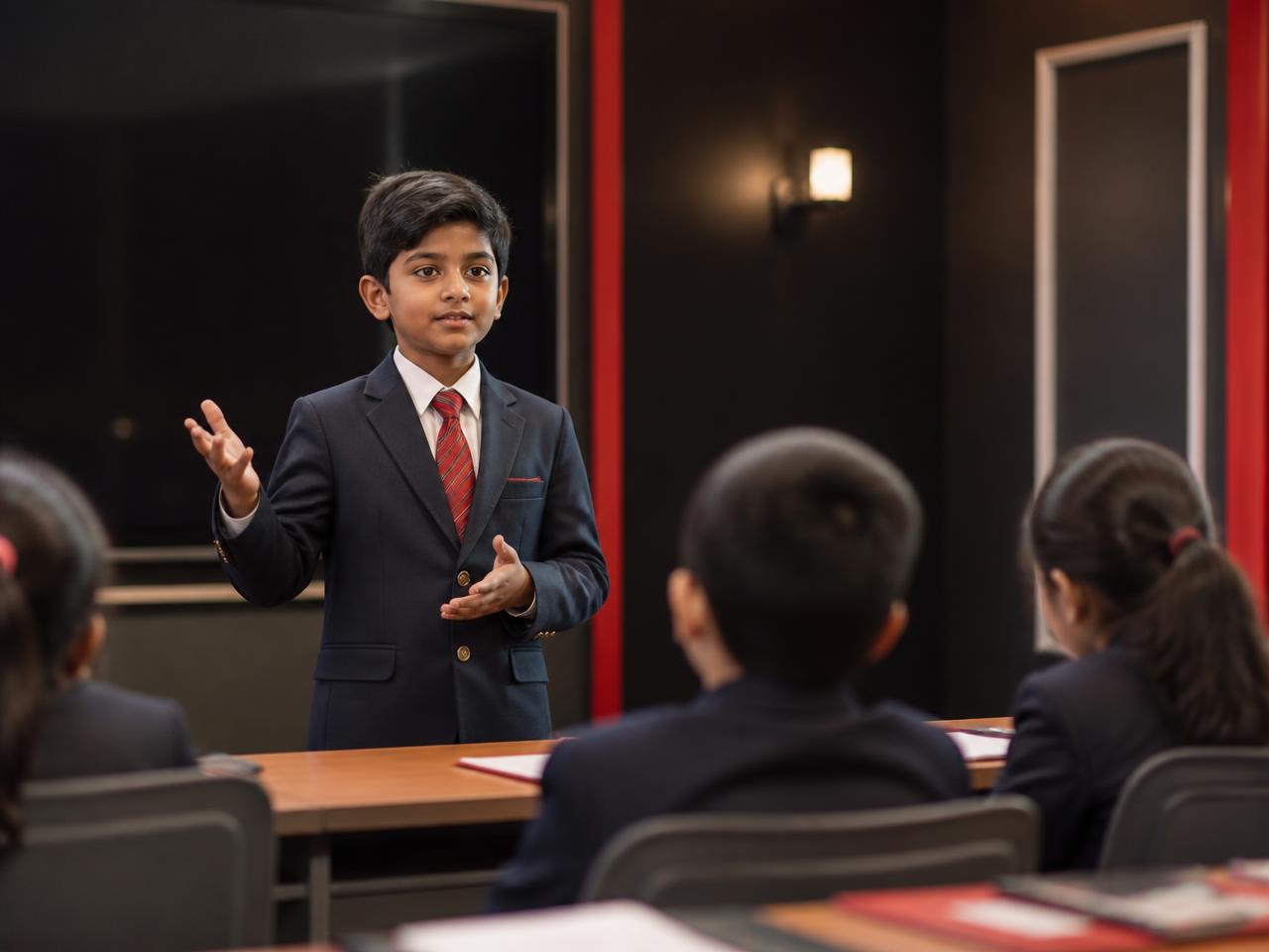 A confident student presenting to classmates during a personality development class